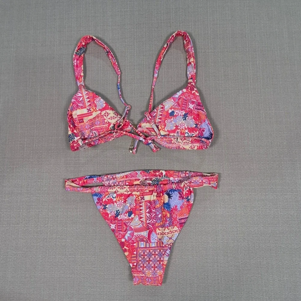 Pink Tropical Patchwork Triangle Bikini Set Women Size M Gold Charm Detail